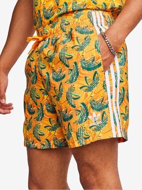 adidas all over trefoil print Swim Shorts, orange/green, Sz S